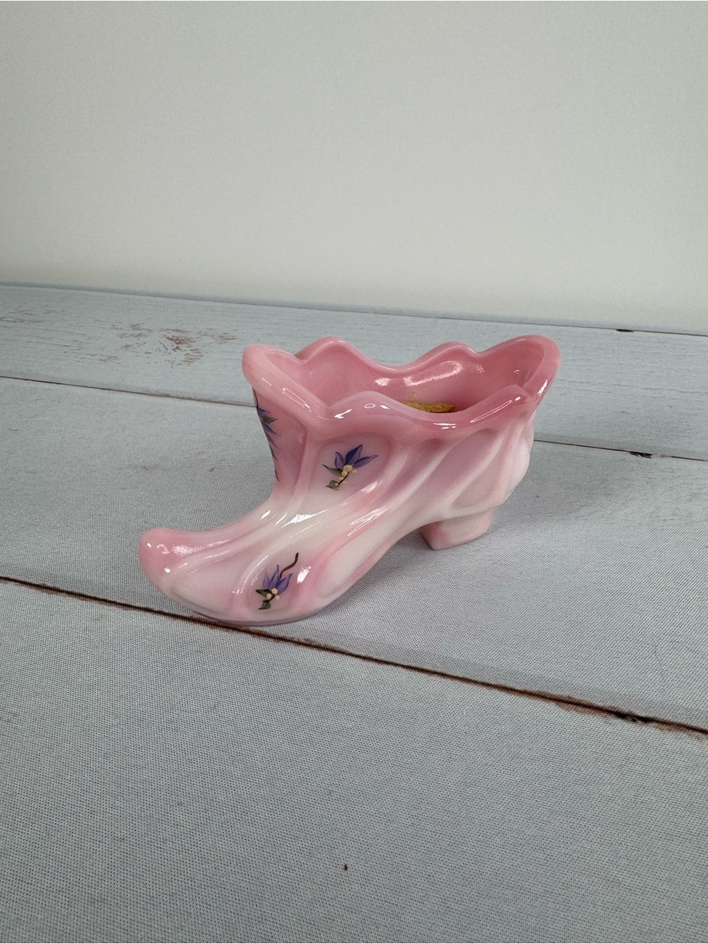 Vintage Fenton Rosalene Pink Hand Painted Glass Slipper Shoe Signed